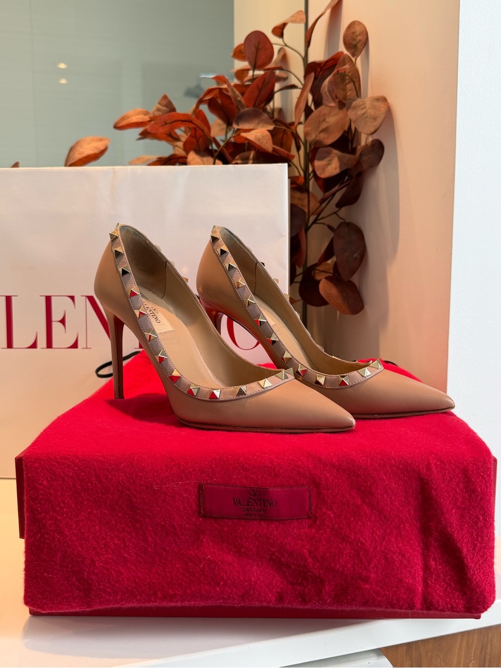 Valentino Nude Leather Pointed-Toe Pumps with Gold-Tone Studs